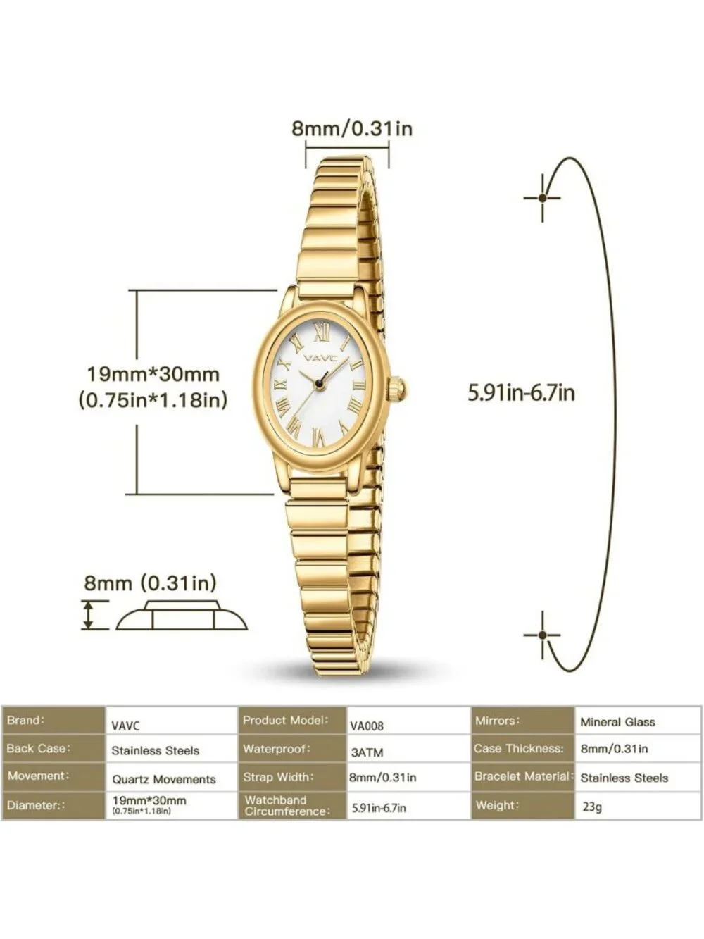 Elegant Gold Women's Watch, Analog Design, Stainless Steel Band, Oval Roman